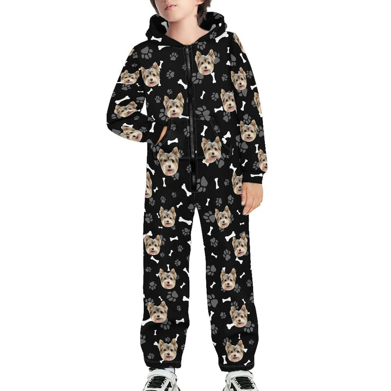 FacePajamas Pajama Adult Onesie Kid / Black / 8-9Y [Thick Soft Fabric] Funny Flannel Fleece Adult Onesie Pajamas Custom Pet Face Dog Bones Jumpsuit Homewear