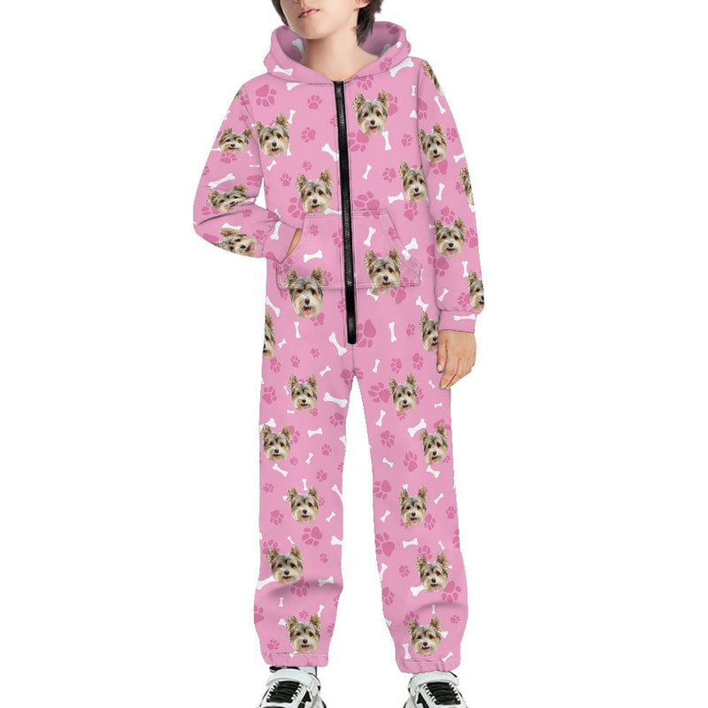 FacePajamas Pajama Adult Onesie Kid / Pink / 8-9Y [Thick Soft Fabric] Funny Flannel Fleece Adult Onesie Pajamas Custom Pet Face Dog Bones Jumpsuit Homewear