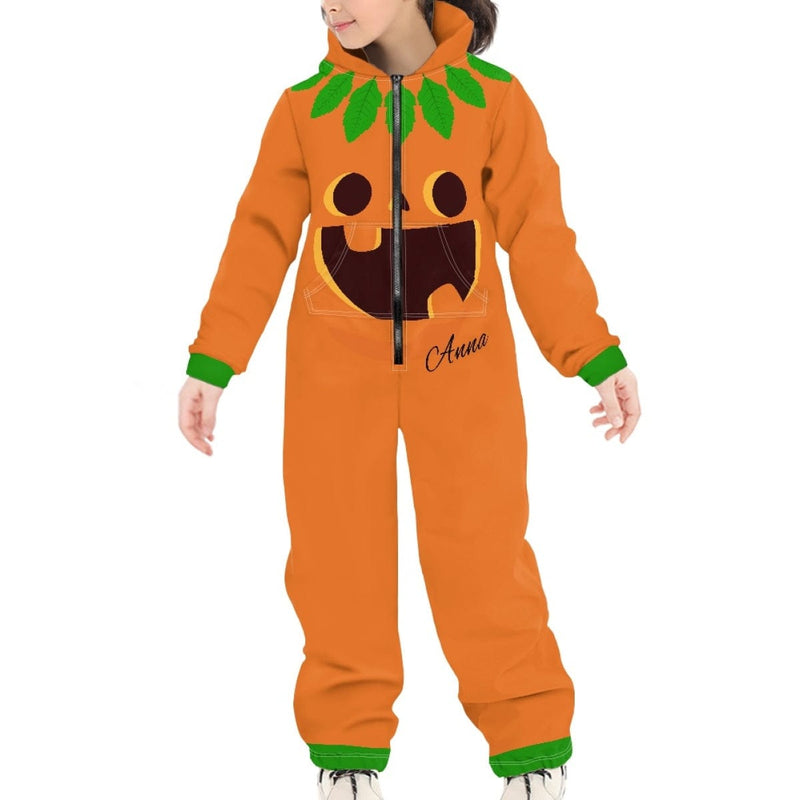 FacePajamas Hooded Onesie-2ML-ZD Kid / S Halloween Custom Name Pumpkin Family Hooded Onesie Jumpsuits with Pocket Personalized Zip One-piece Pajamas for Adult kids