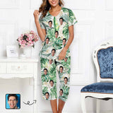 FacePajamas Pajama 7 Set-2ML-1688 M Custom Face Palm Leaves Women's Loungewear Set Short Sleeve Shirt and Capri Pants Sleepwear Pajama Set