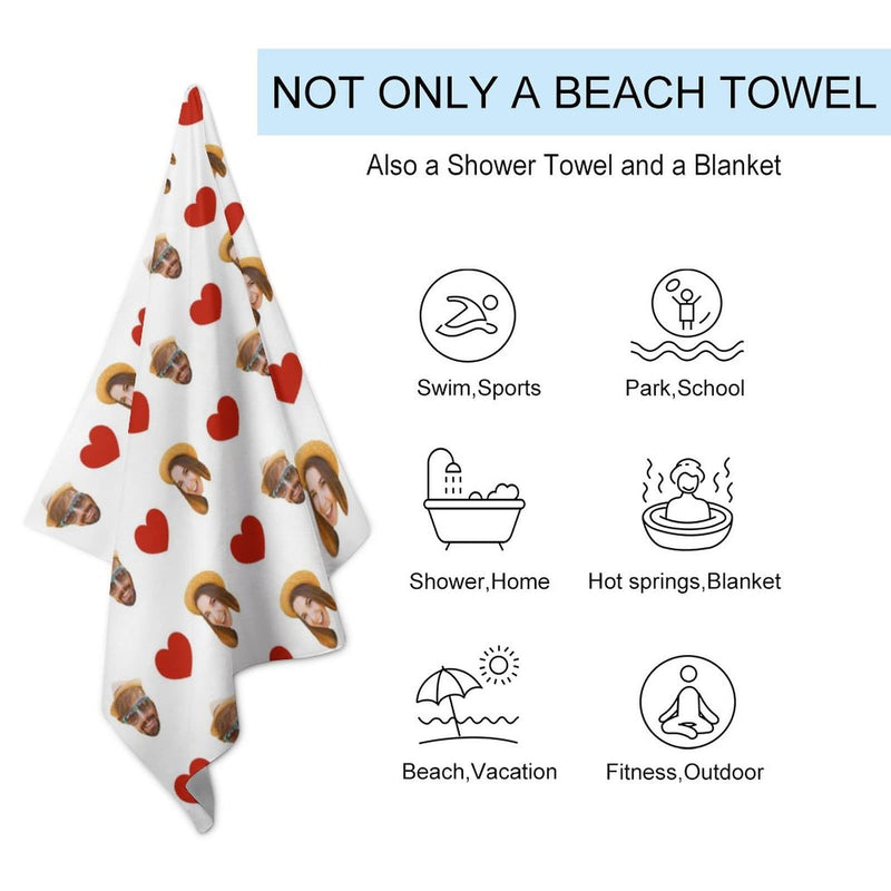 FacePajamas Bath Towel One Size Custom Couple Faces Love Heart Bath Towel 30"x56" Beach Towel Kids Towel Pool Towel Camp Towel