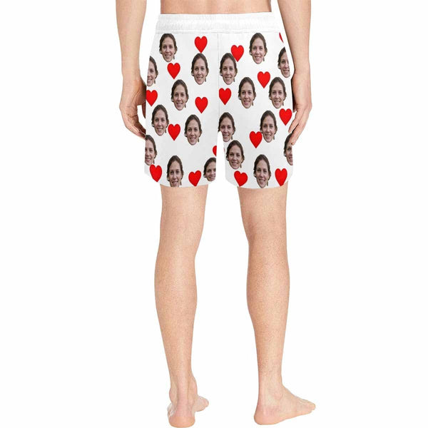 FacePajamas Swim Shorts Personalized Swim Trunks with Custom Face Simple Red Heart Men's Quick Dry Swim Shorts