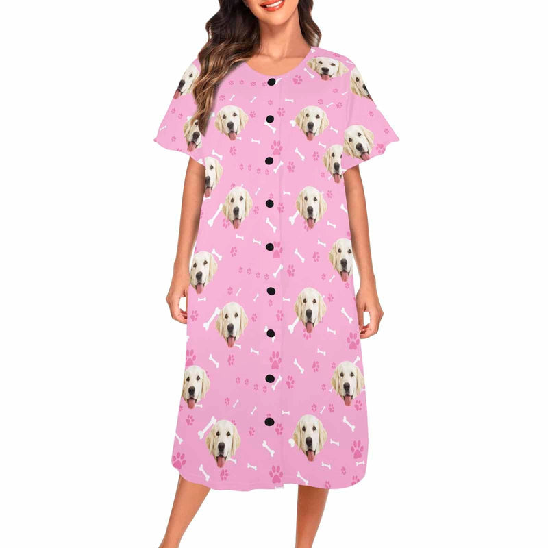 FacePajamas Pajama Dress Pink / XS Custom Dag Face Dog Bone Women's Nightshirt Short Sleeve Button Down Nightgown V-Neck Sleepwear Pajama Dress