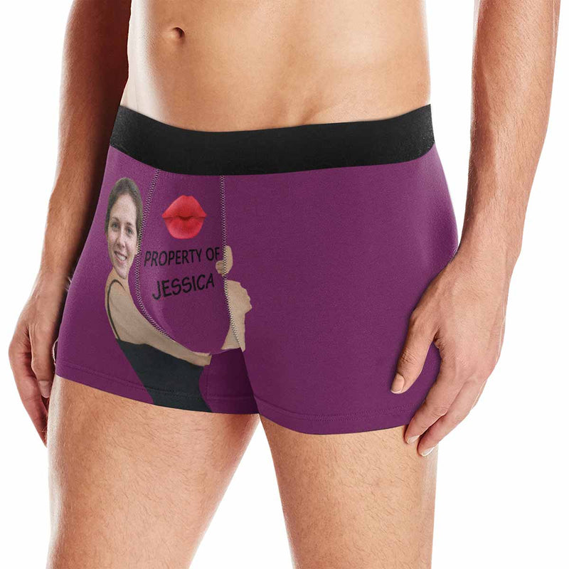 FacePajamas Men Underwear Purple / XS Custom Face&Name Boxer Underwear Red Lip Property Of Personalized Men's All-Over Print Boxer Briefs For Valentine's Day Gift