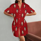 FacePajamas Pajama-2ML-MTMS Red / S Custom Face Solid Color Satin Nightgown For Women Silk Nightshirt Button Down Pajamas Dress Boyfriend Sleepshirt S-3XL