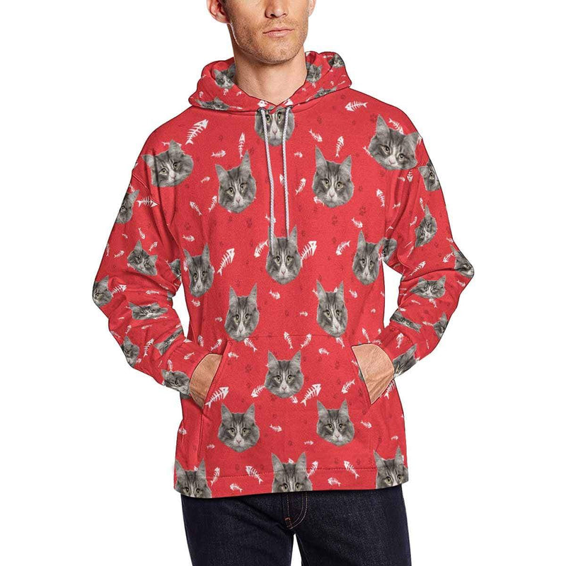 FacePajamas Hoodie Red / S [High Quality] Custom Pet Face Cat Paw & Fish Bone Men's All Over Print Hoodie
