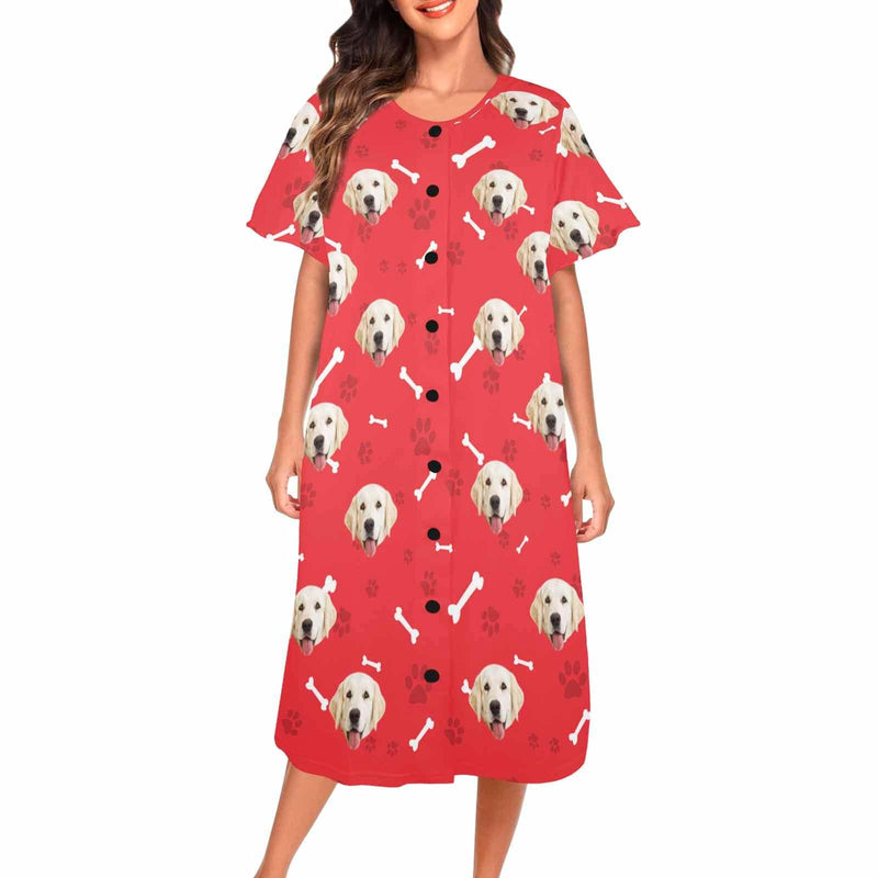 FacePajamas Pajama Dress Red / XS Custom Dag Face Dog Bone Women's Nightshirt Short Sleeve Button Down Nightgown V-Neck Sleepwear Pajama Dress