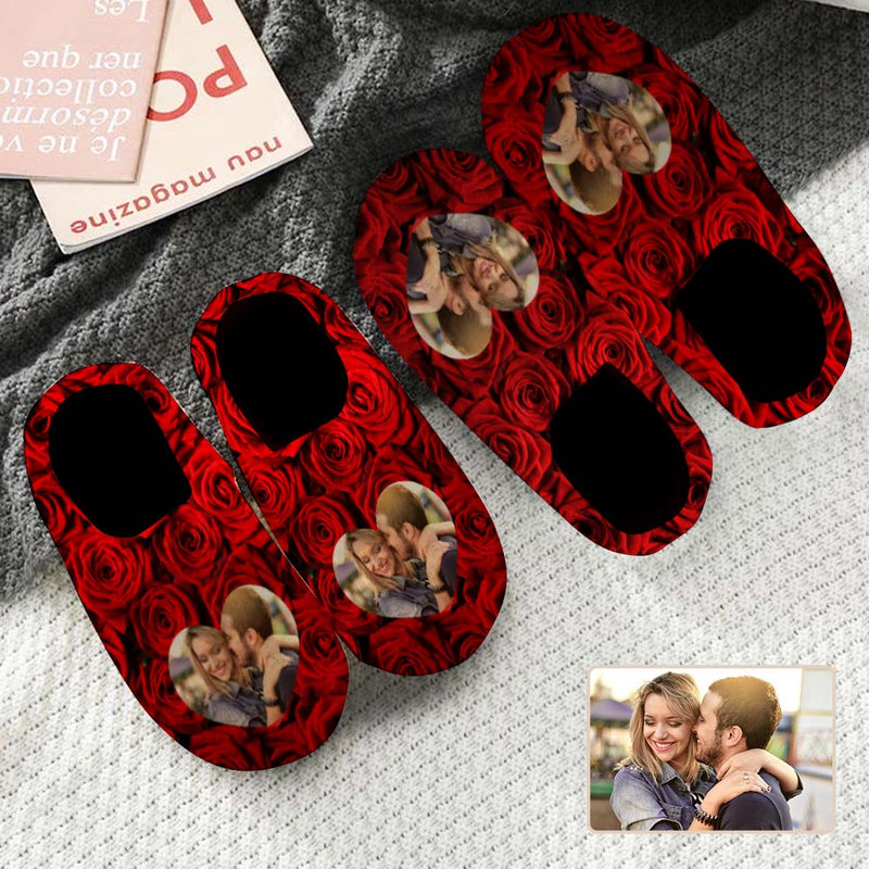 FacePajamas Slippers Rose Custom Couple Photo All Over Print Personalized Non-Slip Cotton Slippers For Couple Girlfriend Boyfriend
