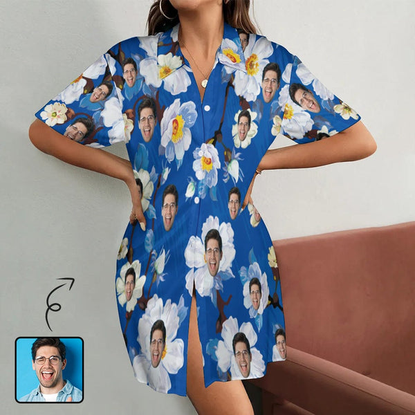 FacePajamas Pajama-2ML-MTMS S Custom Face Flower Blue Satin Nightgown For Women Silk Nightshirt Button Down Pajamas Dress Boyfriend Sleepshirt S-3XL