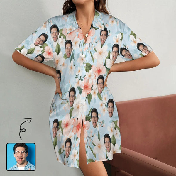 FacePajamas Pajama-2ML-MTMS S Custom Face Flower Satin Nightgown For Women Silk Nightshirt Button Down Pajamas Dress Boyfriend Sleepshirt S-3XL