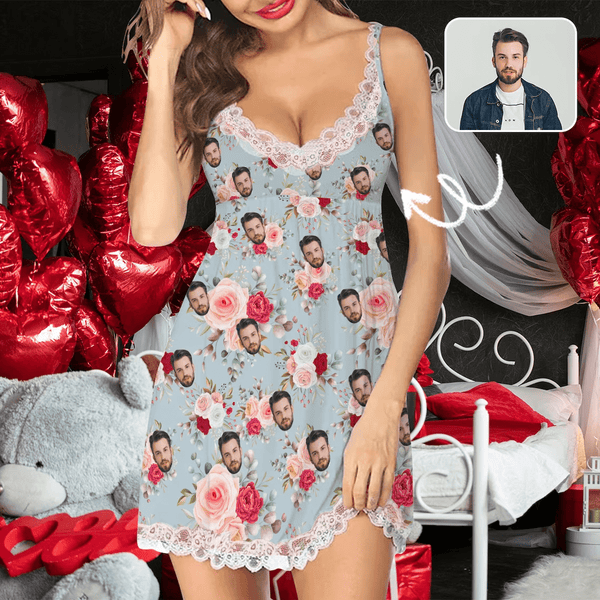 FacePajamas Pajama Dress-1YN-Blue S Custom Face Flowers Women's Cami V-Neck Lace Suspenders Nightdress Valentine's Day Pajama Gifts for Her