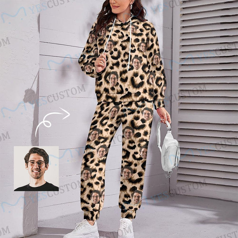 FacePajamas Hoodie Set-2WH-SDS S Custom Face Leopard Hoodie Sweatpant Set Personalized Unisex Loose Hoodie Top Outfits