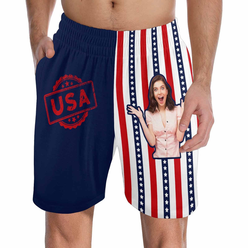 FacePajamas Pajama Shorts S Custom Face Men's Pajama Shorts Personalized USA Flag Sleepwear Shorts