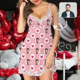 FacePajamas Pajama Dress-1YN-Blue S Custom Face Pink Women's Cami V-Neck Lace Suspenders Nightdress Valentine's Day Pajama Gifts for Her