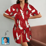 FacePajamas Pajama-2ML-MTMS S Custom Face Red-crowned Crane Red Satin Nightgown For Women Silk Nightshirt Button Down Pajamas Dress Boyfriend Sleepshirt S-3XL