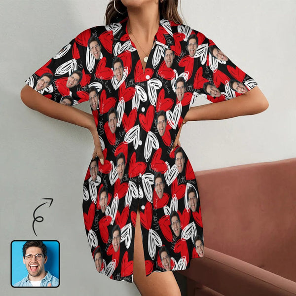 FacePajamas Pajama-2ML-MTMS S Custom Face Red Heart Black Satin Nightgown For Women Silk Nightshirt Button Down Pajamas Dress Boyfriend Sleepshirt S-3XL