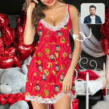 FacePajamas Pajama Dress-1YN-Blue S Custom Face Red Heart Women's Cami V-Neck Lace Suspenders Nightdress Valentine's Day Pajama Gifts for Her
