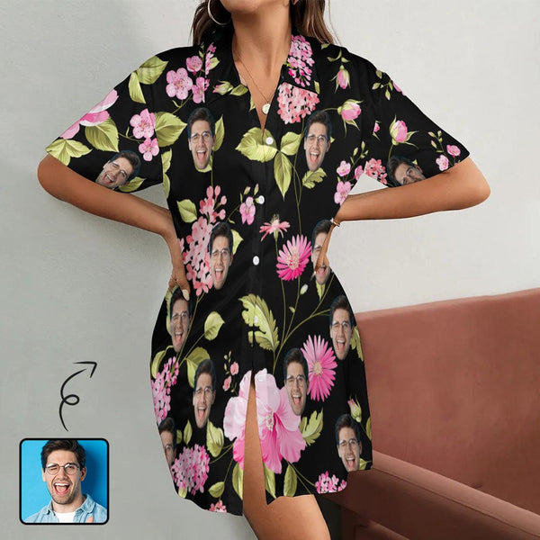 FacePajamas Pajama-2ML-MTMS S Custom Face Vegetation Black Satin Nightgown For Women Silk Nightshirt Button Down Pajamas Dress Boyfriend Sleepshirt S-3XL