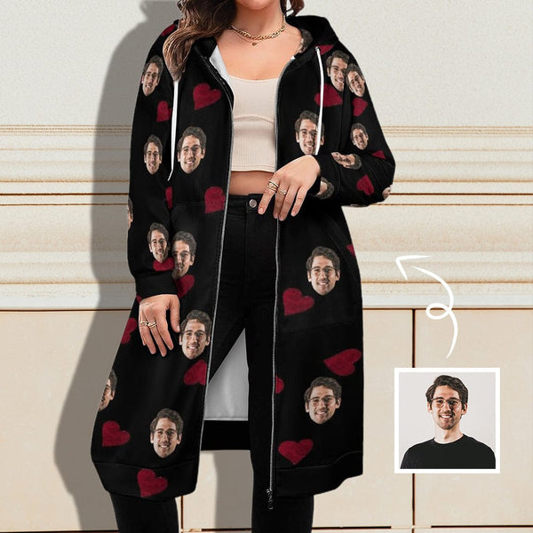 FacePajamas Hoodie-Full Zip-2ML-SDS S Custom Face Women's Full Zip Hoodie Design Red Love Long Sleeve Personalized Long Hoodie with Pockets
