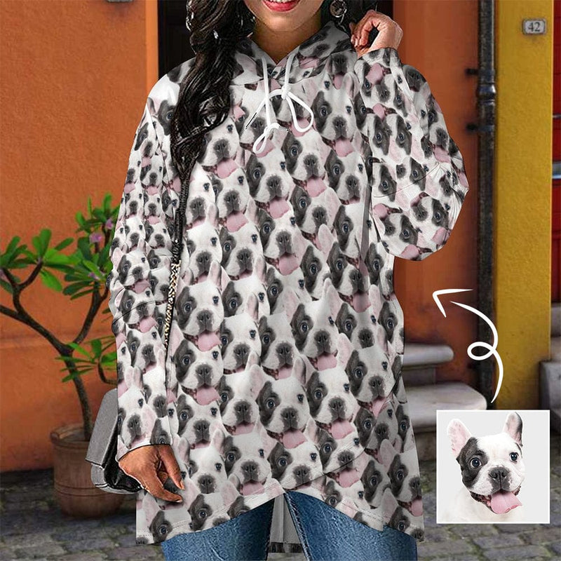 FacePajamas Hoodie-W-2WH-SDS S Custom Face Women's Mid-length Hoodies Seamless Pet Pictures Design Your Own Hoodie Personalized Loose Cross Hem Hooded Pullover