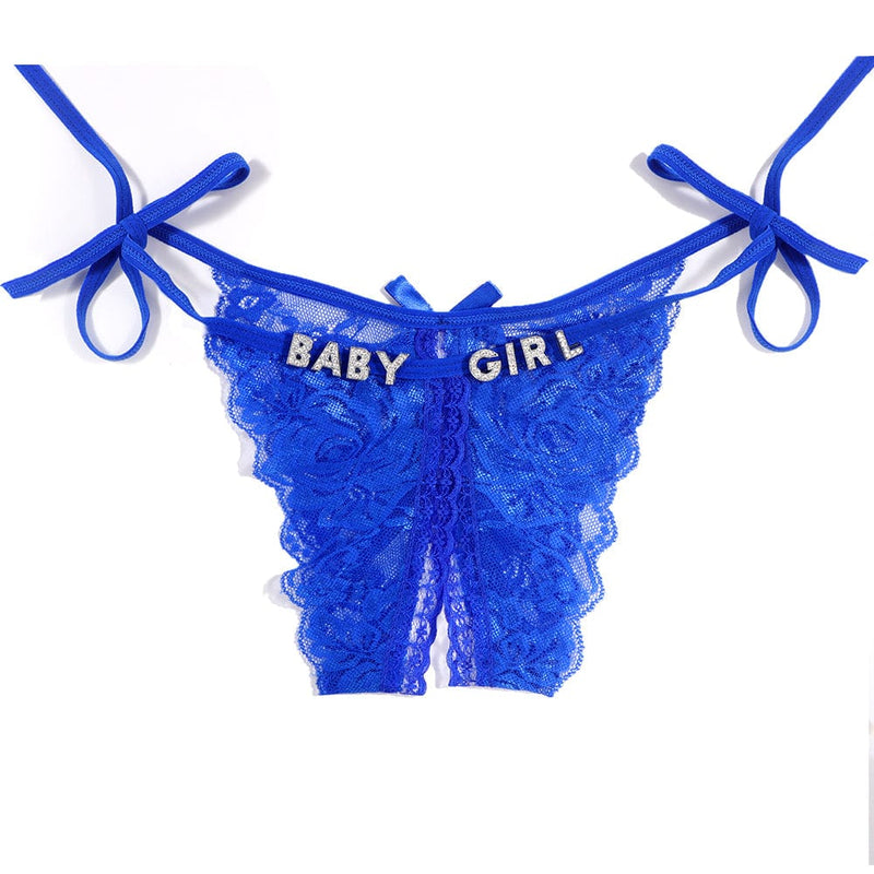 FacePajamas Women Underwear-1YN-SMT Sliver letters / Blue Custom Name Sexy Panty Thongs Open Crotch Crotchless Underwear Butterfly Lace G-string