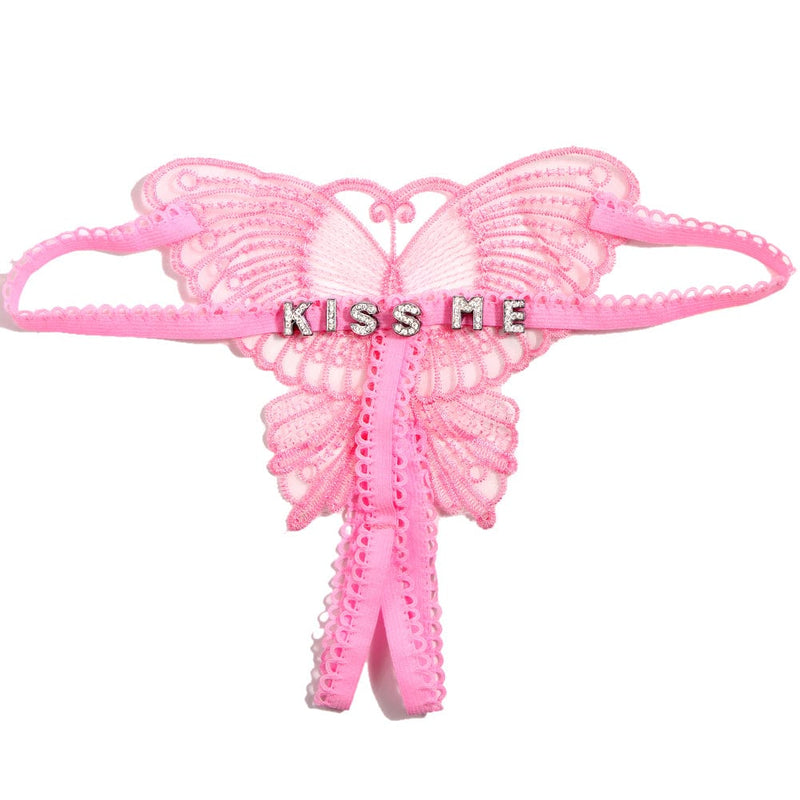 FacePajamas Women Underwear-1YN-SMT Sliver letters / Pink Personalized DIY Name Embroidered Hollow Butterfly Sexy Low Waist Underpants Open Cut Thong Womens Underwear(DHL is not supported)