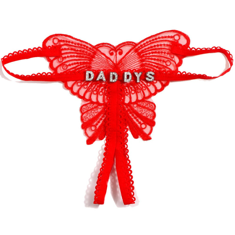 FacePajamas Women Underwear-1YN-SMT Sliver letters / Red Personalized DIY Name Embroidered Hollow Butterfly Sexy Low Waist Underpants Open Cut Thong Womens Underwear(DHL is not supported)