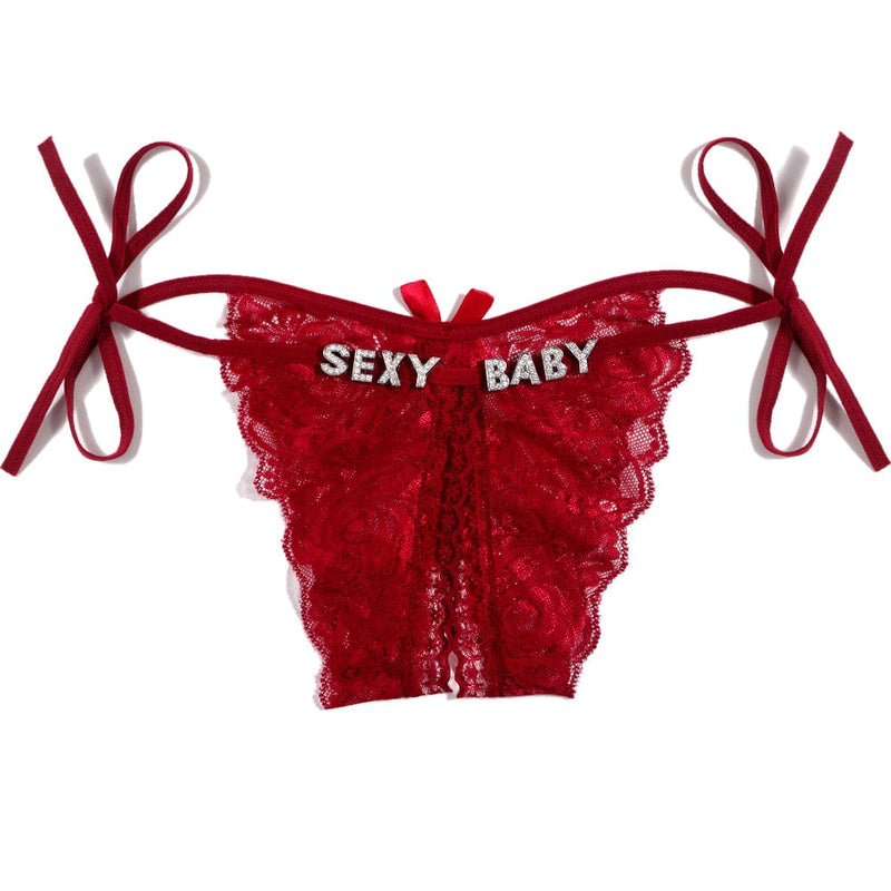 FacePajamas Women Underwear-1YN-SMT Sliver letters / Wine Red Custom Name Sexy Panty Thongs Open Crotch Crotchless Underwear Butterfly Lace G-string