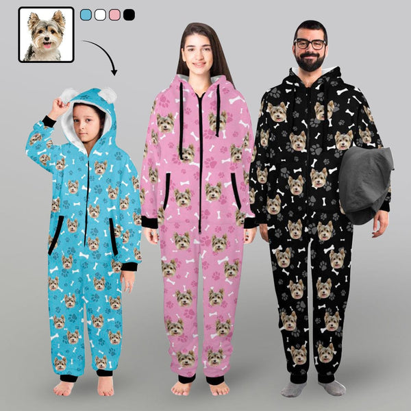 FacePajamas Pajama Adult Onesie [Thick Soft Fabric] Funny Flannel Fleece Adult Onesie Pajamas Custom Pet Face Dog Bones Jumpsuit Homewear
