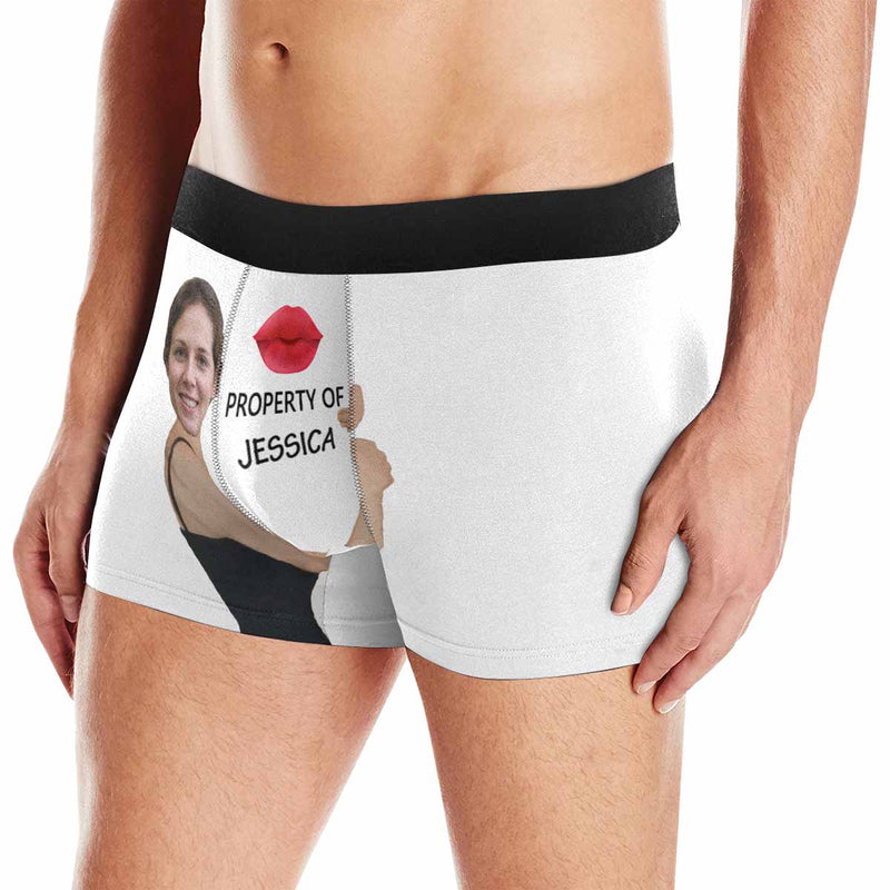 FacePajamas Men Underwear White / XS Custom Face&Name Boxer Underwear Red Lip Property Of Personalized Men's All-Over Print Boxer Briefs For Valentine's Day Gift