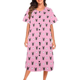 FacePajamas Pajama Dress XS Custom Pet Face Pink Women's Nightshirt Short Sleeve Button Down Nightgown V-Neck Sleepwear Pajama Dress