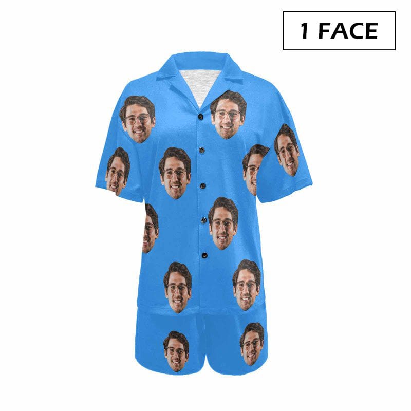 FacePajamas Pajama 1 Face / Blue / S #Plus Size Pajama Set-[Up To 4 Faces] Custom Face Solid Color Loungewear Personalized Photo Sleepwear Women's V-Neck Short Pajama Set