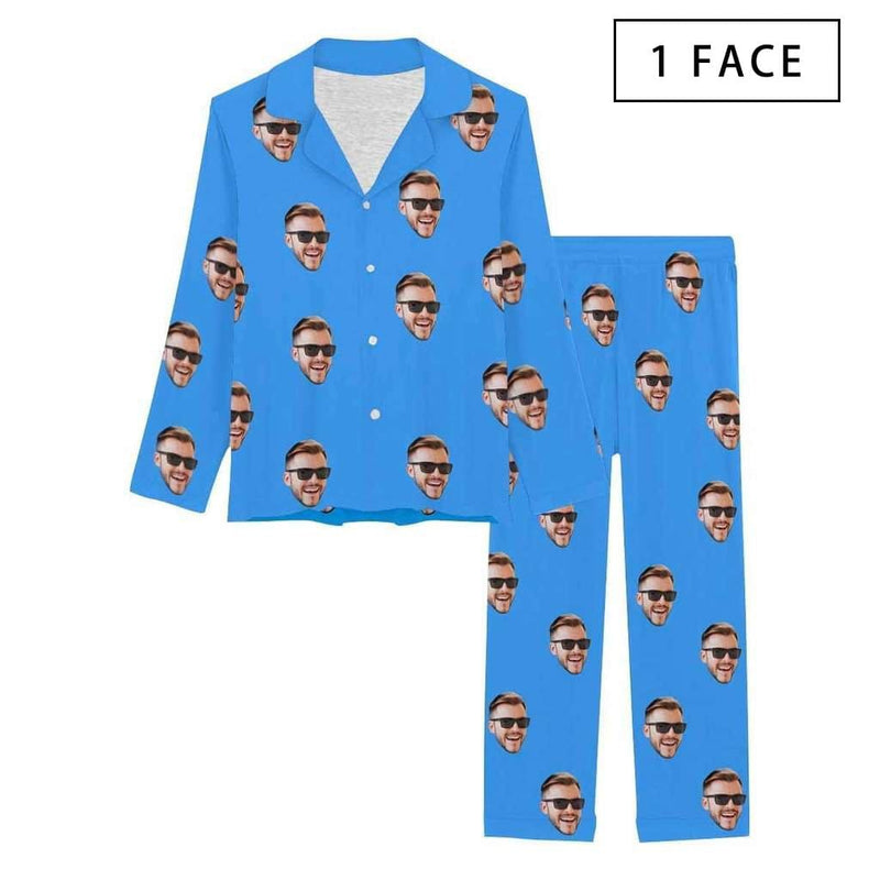 FacePajamas Pajama 1 Face / Blue / XS [Up To 4 Faces] Persoanlized Sleepwear Custom Photo Funny Pajamas With Faces On Them Women's Long Pajama Set