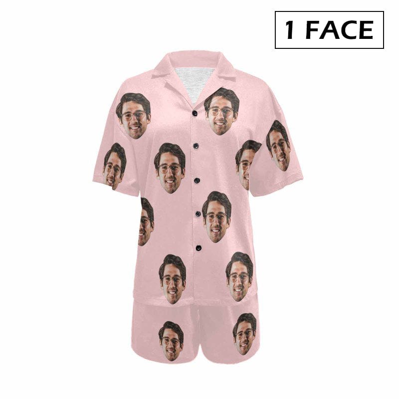 FacePajamas Pajama 1 Face / Pink / S #Plus Size Pajama Set-[Up To 4 Faces] Custom Face Solid Color Loungewear Personalized Photo Sleepwear Women's V-Neck Short Pajama Set