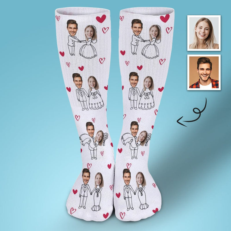 FacePajamas Sublimated Crew Socks-2WH-SDS 1PCS Custom Face Couple Sublimated Crew Socks Heart Wedding Socks Personalized Funny Photo Socks Gift