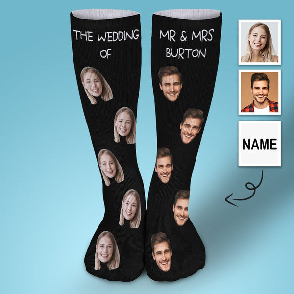 FacePajamas Sublimated Crew Socks-2WH-SDS 1PCS Custom Face&Name Couple Sublimated Crew Socks Black Background Socks Personalized Funny Photo Socks Gift