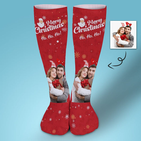 FacePajamas Sublimated Crew Socks-2WH-SDS 1PCS Custom Photo Couple Red Background Sublimated Crew Socks Personalized Funny Photo Socks Gift for Christmas