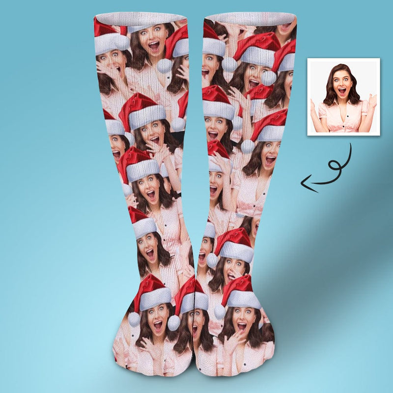 FacePajamas Sublimated Crew Socks-2WH-SDS 1PCS Custom Seamless Face Red Hat Sublimated Crew Socks Personalized Funny Photo Socks Gift for Christmas