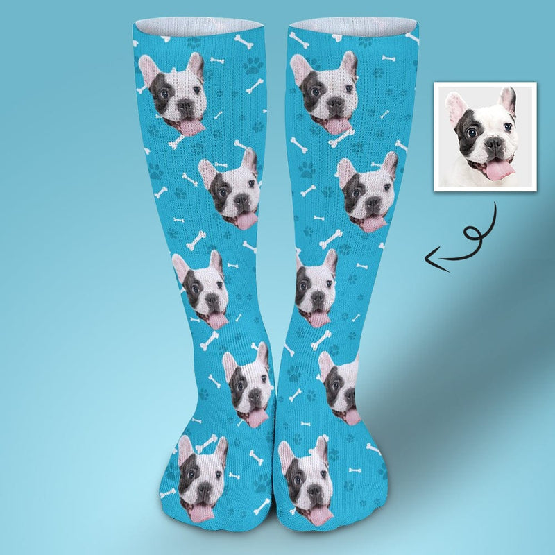 FacePajamas Sublimated Crew Socks-2WH-SDS 1PCS Personalised Pet Socks Dog Face Bone Blue Background Custom Sock with Dog Picture Sublimated Crew Socks