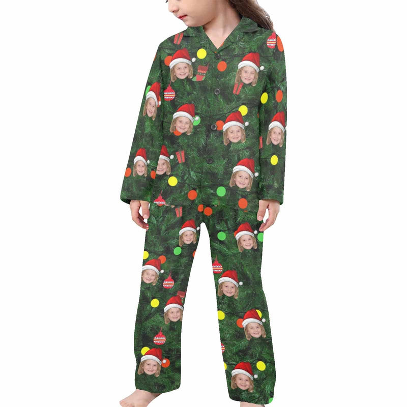 FacePajamas Kids Pajama 2-3Y / Little Girls Kid's Christmas Pajamas Green Custom Sleepwear with Face Christmas Red Hat Personalized Pajama Set For Boys&Girls 2-15Y