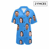 FacePajamas Pajama 2 Faces / Blue / S #Plus Size Pajama Set-[Up To 4 Faces] Custom Face Solid Color Loungewear Personalized Photo Sleepwear Women's V-Neck Short Pajama Set