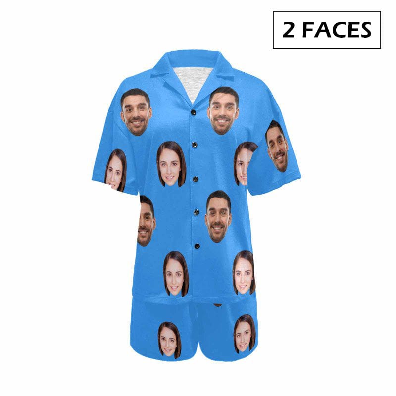 FacePajamas Pajama 2 Faces / Blue / S #Plus Size Pajama Set-[Up To 4 Faces] Custom Face Solid Color Loungewear Personalized Photo Sleepwear Women's V-Neck Short Pajama Set