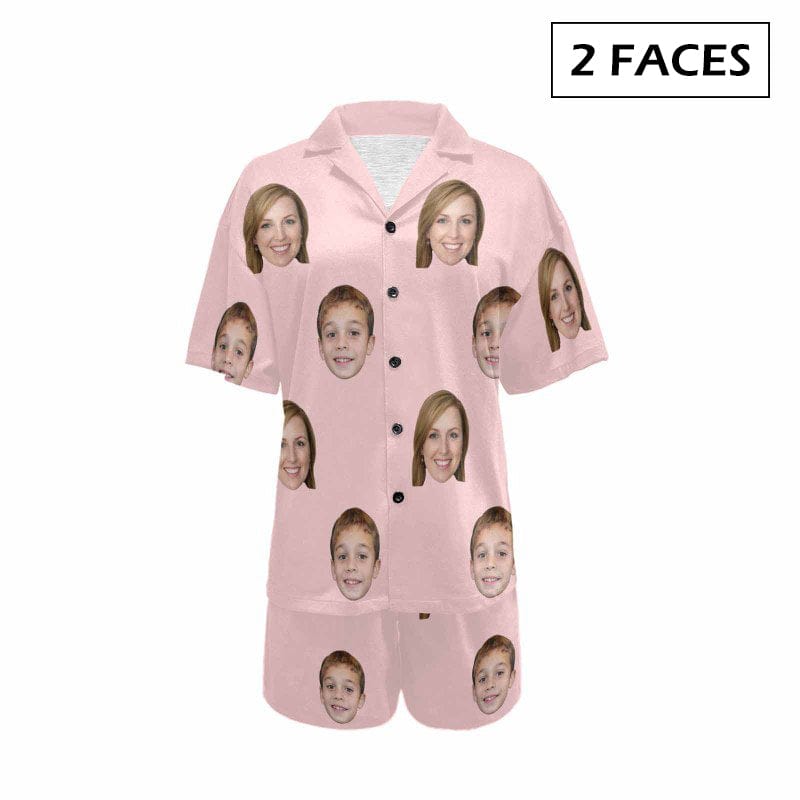 FacePajamas Pajama 2 Faces / Pink / S #Plus Size Pajama Set-[Up To 4 Faces] Custom Face Solid Color Loungewear Personalized Photo Sleepwear Women's V-Neck Short Pajama Set