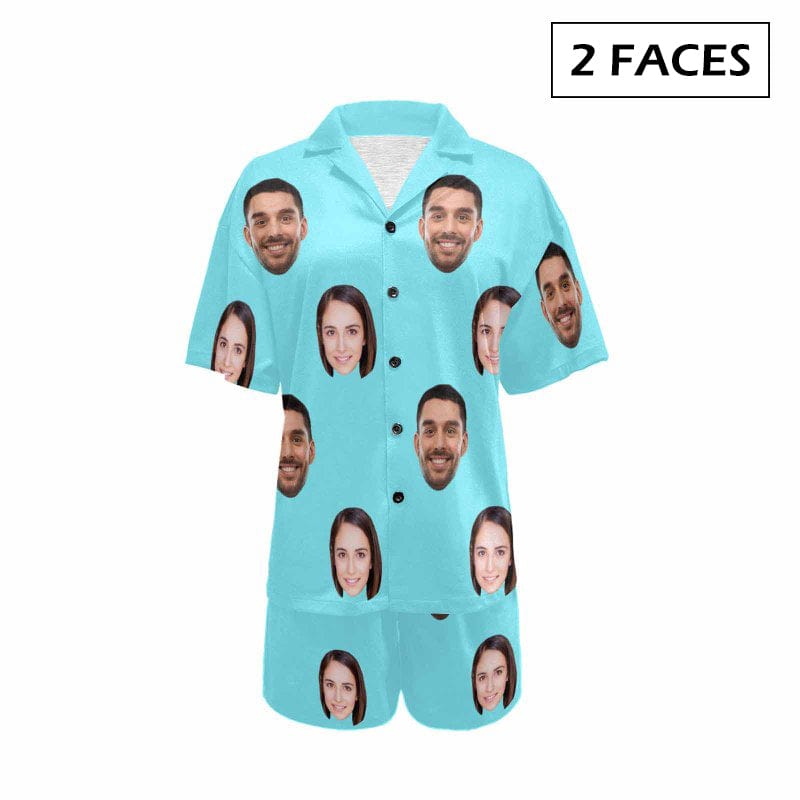FacePajamas Pajama 2 Faces / Sky blue / S #Plus Size Pajama Set-[Up To 4 Faces] Custom Face Solid Color Loungewear Personalized Photo Sleepwear Women's V-Neck Short Pajama Set