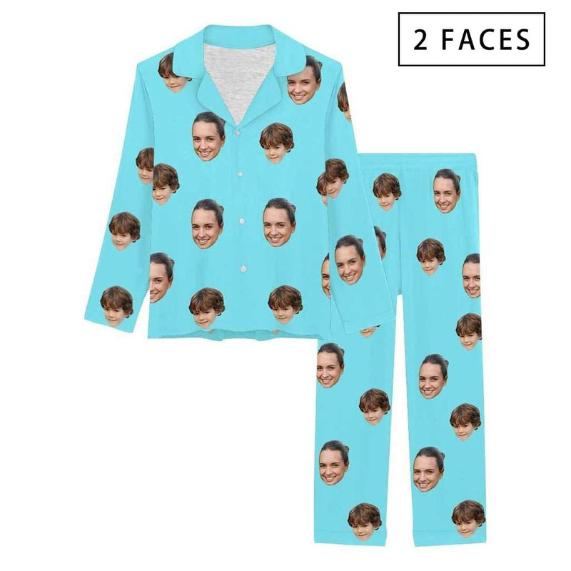 FacePajamas Pajama 2 Faces / Sky blue / XS [Up To 4 Faces] Persoanlized Sleepwear Custom Photo Funny Pajamas With Faces On Them Women's Long Pajama Set