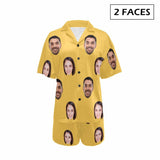 FacePajamas Pajama 2 Faces / Yellow / S #Plus Size Pajama Set-[Up To 4 Faces] Custom Face Solid Color Loungewear Personalized Photo Sleepwear Women's V-Neck Short Pajama Set