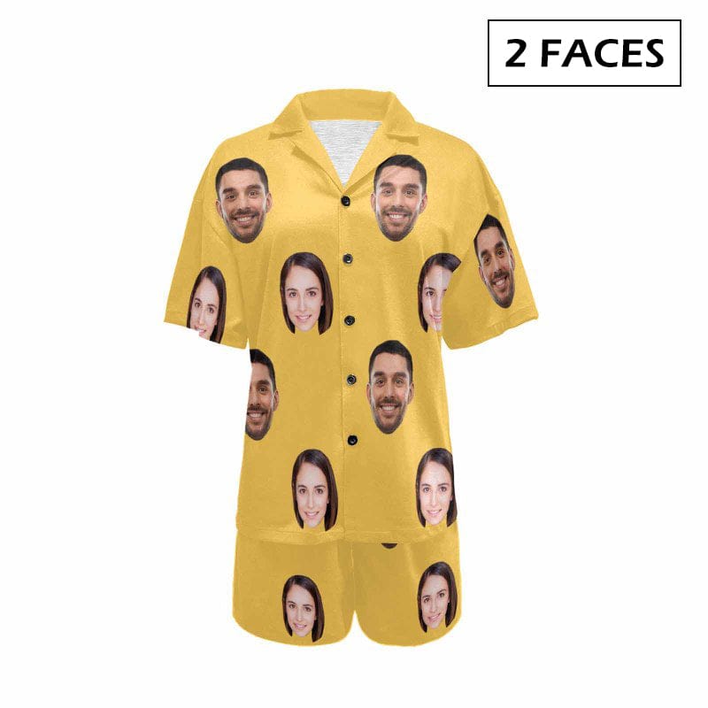FacePajamas Pajama 2 Faces / Yellow / S #Plus Size Pajama Set-[Up To 4 Faces] Custom Face Solid Color Loungewear Personalized Photo Sleepwear Women's V-Neck Short Pajama Set