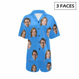FacePajamas Pajama 3 Faces / Blue / S #Plus Size Pajama Set-[Up To 4 Faces] Custom Face Solid Color Loungewear Personalized Photo Sleepwear Women's V-Neck Short Pajama Set