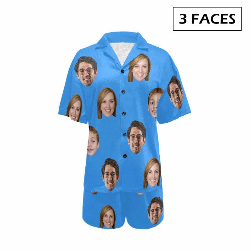 FacePajamas Pajama 3 Faces / Blue / S [Up To 4 Faces] Custom Face Pajama Set Solid Color Loungewear Personalized Photo Sleepwear Women's V-Neck Short Pajama Set