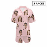 FacePajamas Pajama 3 Faces / Pink / S #Plus Size Pajama Set-[Up To 4 Faces] Custom Face Solid Color Loungewear Personalized Photo Sleepwear Women's V-Neck Short Pajama Set